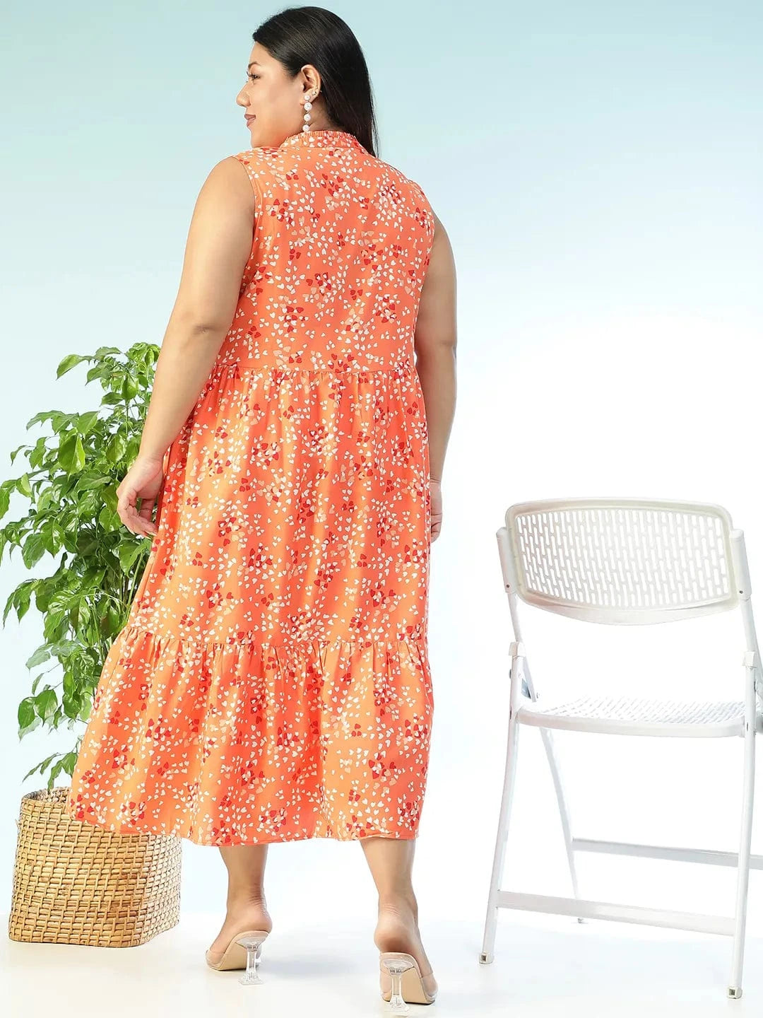 Plus Size Orange Floral Print Dress