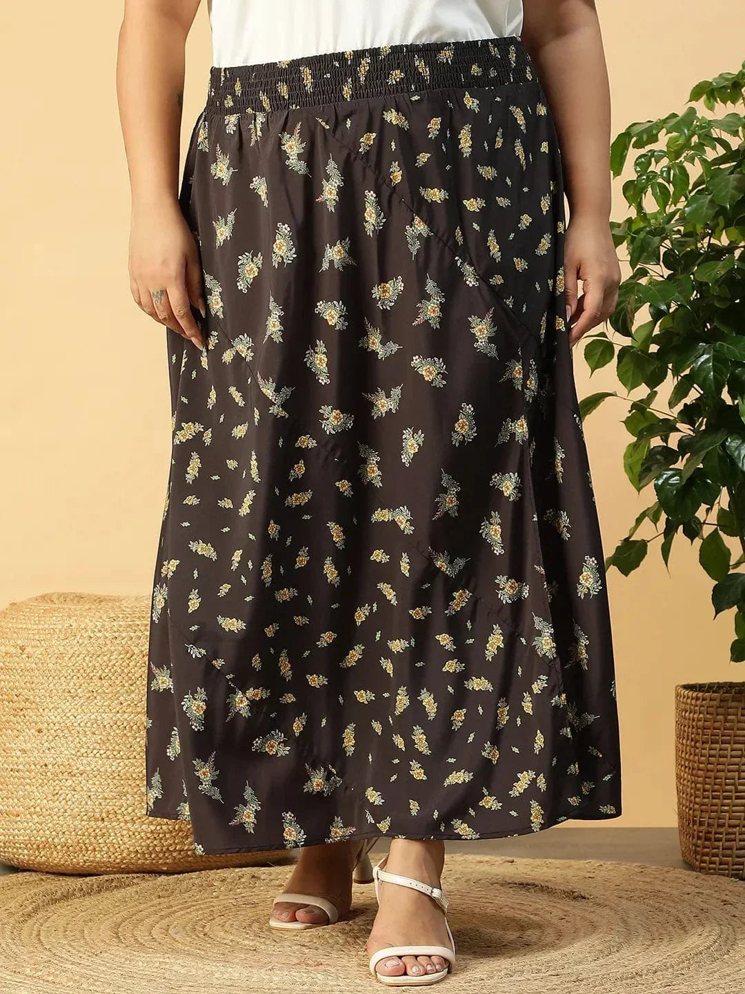 women plus size black floral print elsaticated plus size women