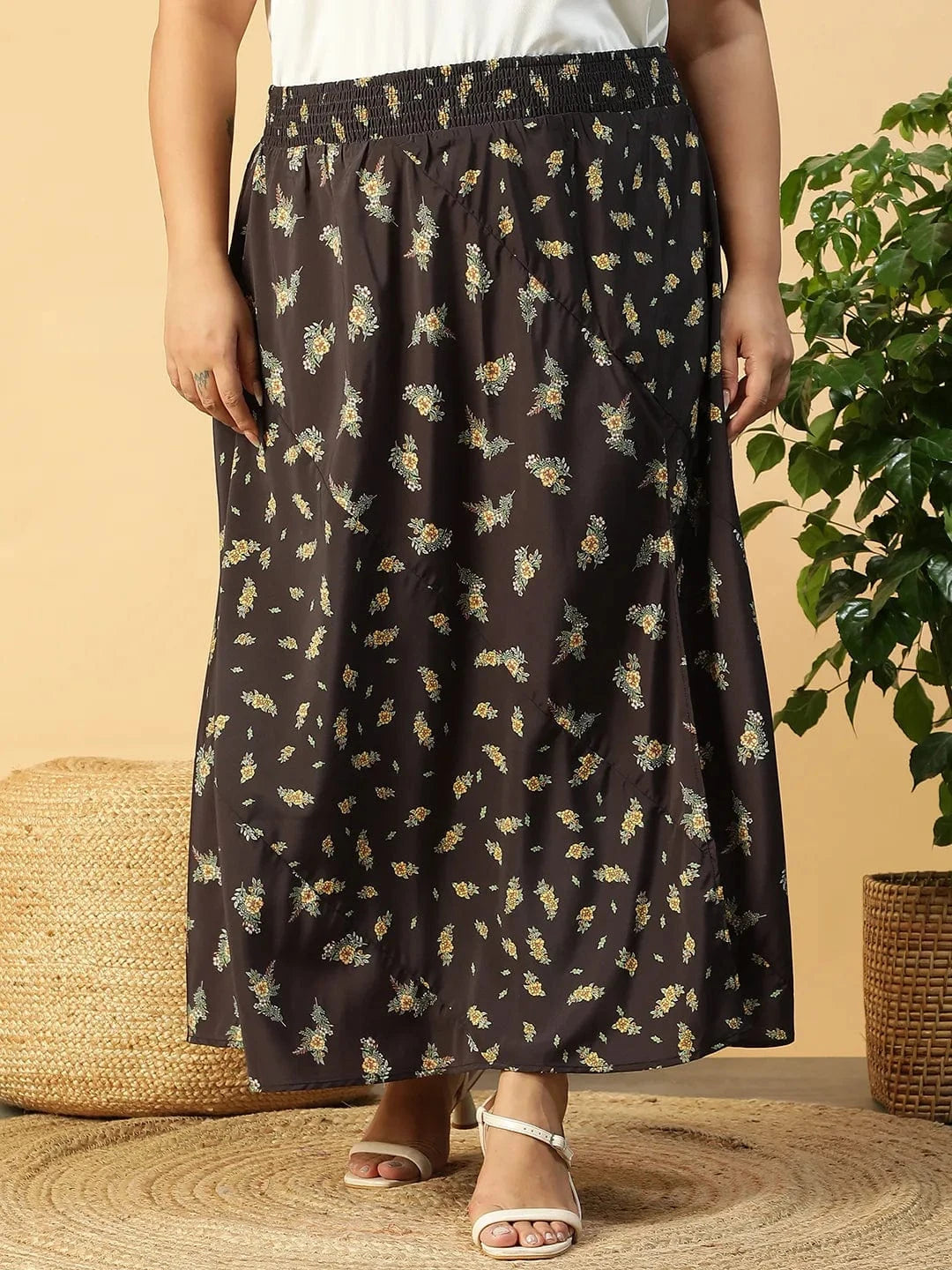 Women Plus Size Black Floral Print Elsaticated Plus Size Women Long Skirt With Slit Cut