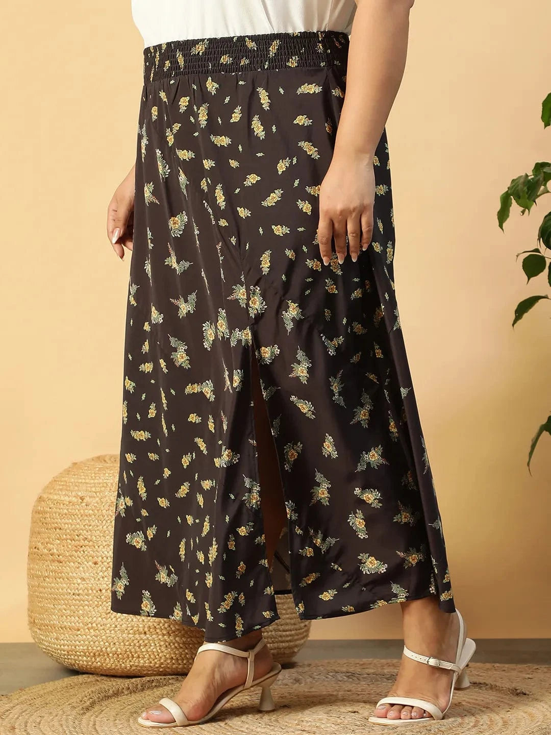 Women Plus Size Black Floral Print Elsaticated Plus Size Women Long Skirt With Slit Cut