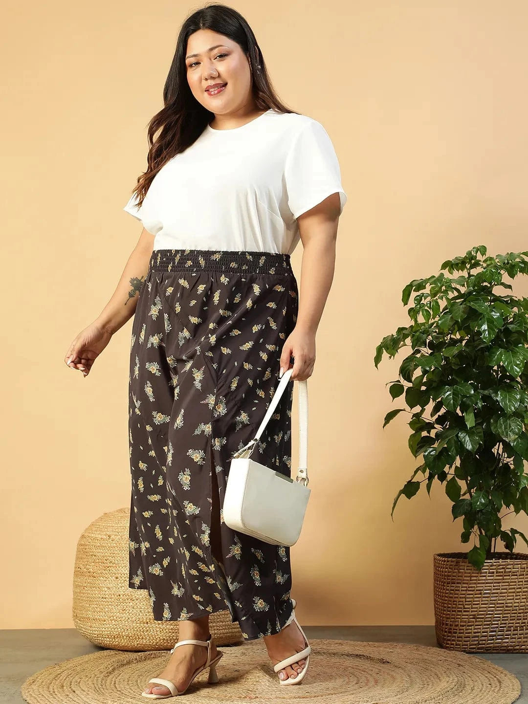 Women Plus Size Black Floral Print Elsaticated Plus Size Women Long Skirt With Slit Cut
