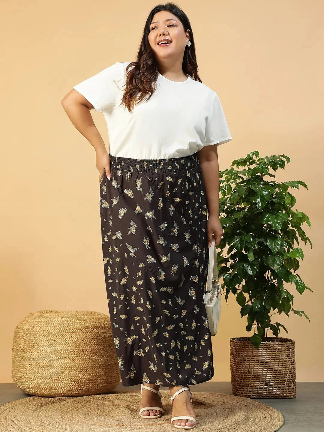 Women Plus Size Black Floral Print Elsaticated Plus Size Women Long Skirt With Slit Cut