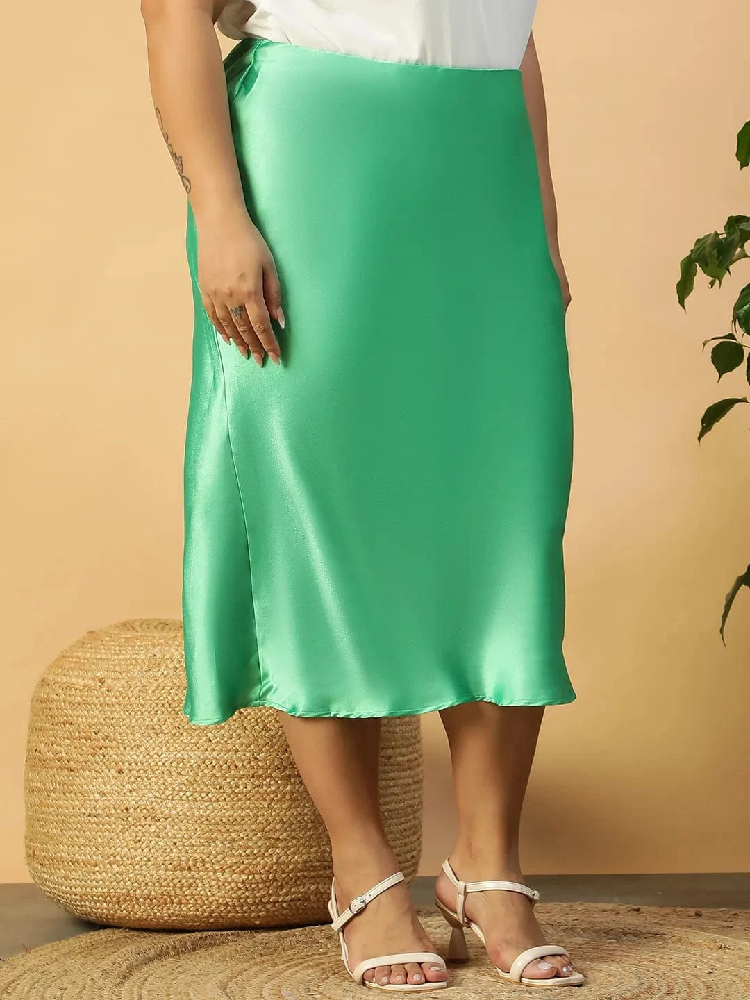 Women Plus Size Solid Green Elasticated Below Knee Length Satin Skirt