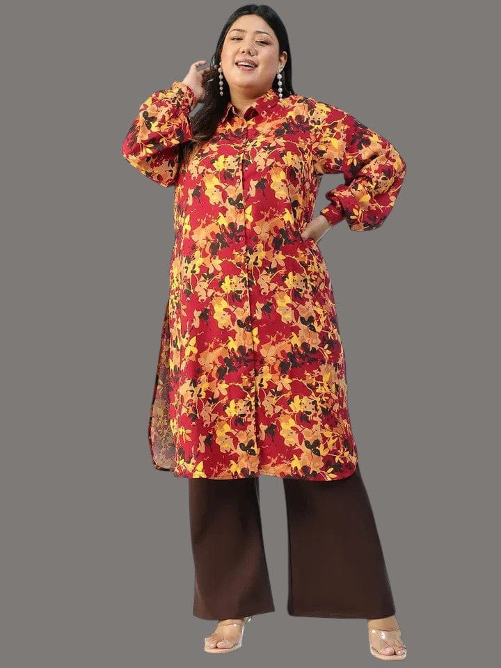 Plus Size Floral Tunic - Multicolor Rayon Button-Down Long Sleeve Relaxed Fit Top