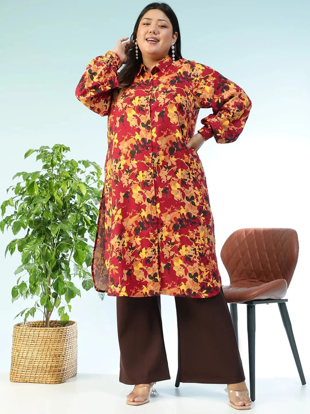Women Plus Size Multicolor Floral Rayon Print  Collared Button -Down Long Sleeve Tunic