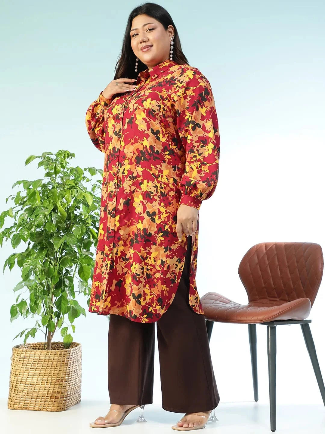 Women Plus Size Multicolor Floral Rayon Print  Collared Button -Down Long Sleeve Tunic