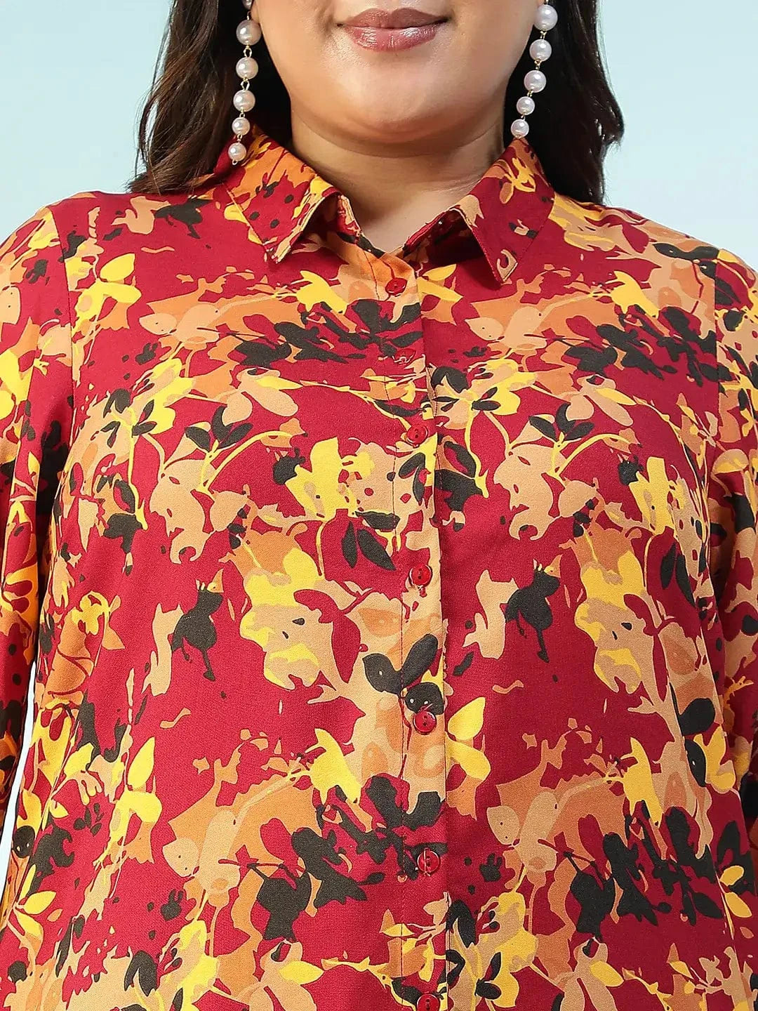Women Plus Size Multicolor Floral Rayon Print  Collared Button -Down Long Sleeve Tunic