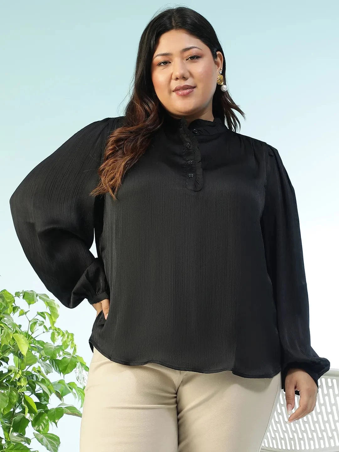 Women Plus Size Solid Back Round Neck With Button Detail Long Sleeve Satin Chiffon Top