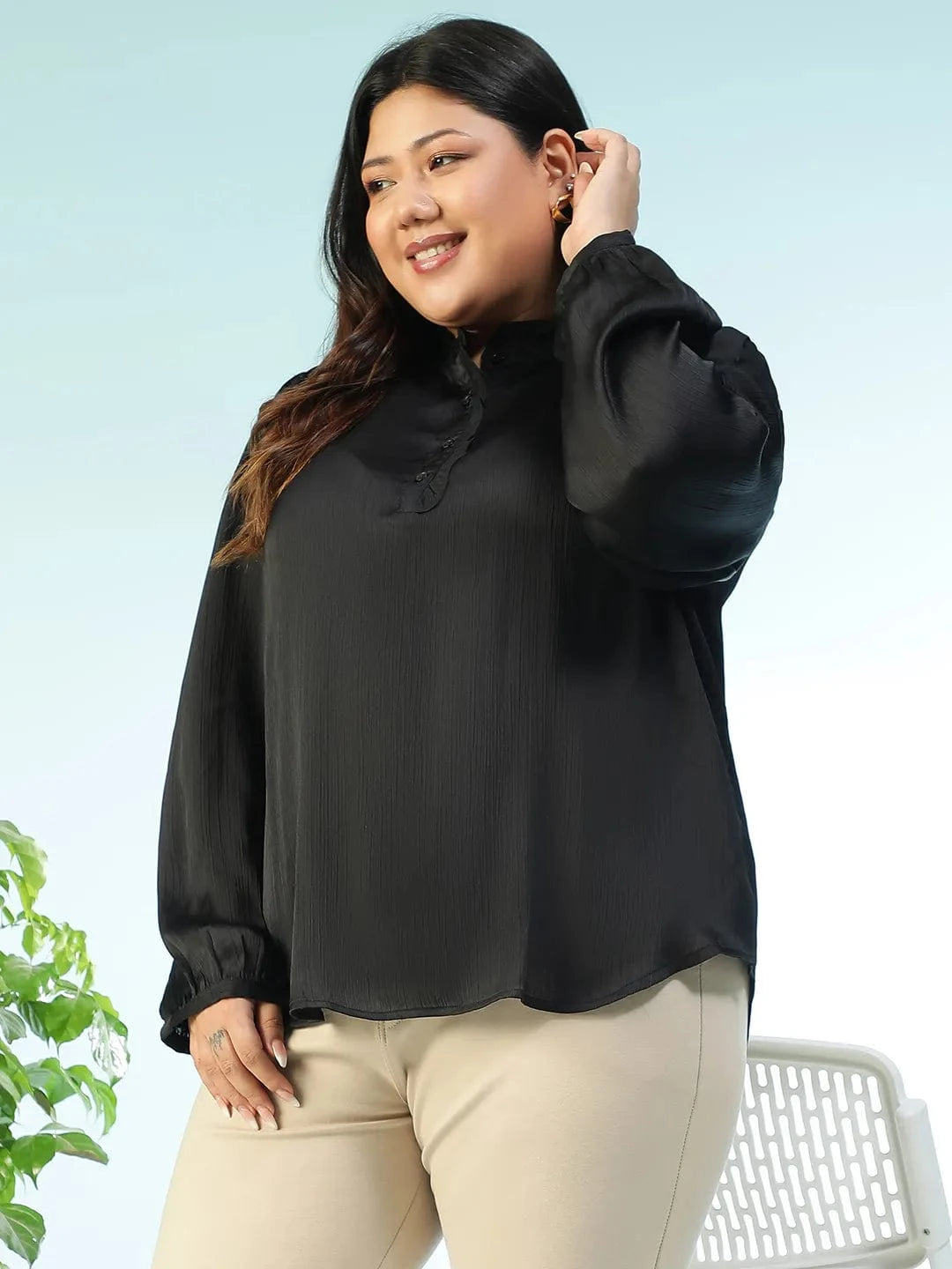 Women Plus Size Solid Back Round Neck With Button Detail Long Sleeve Satin Chiffon Top
