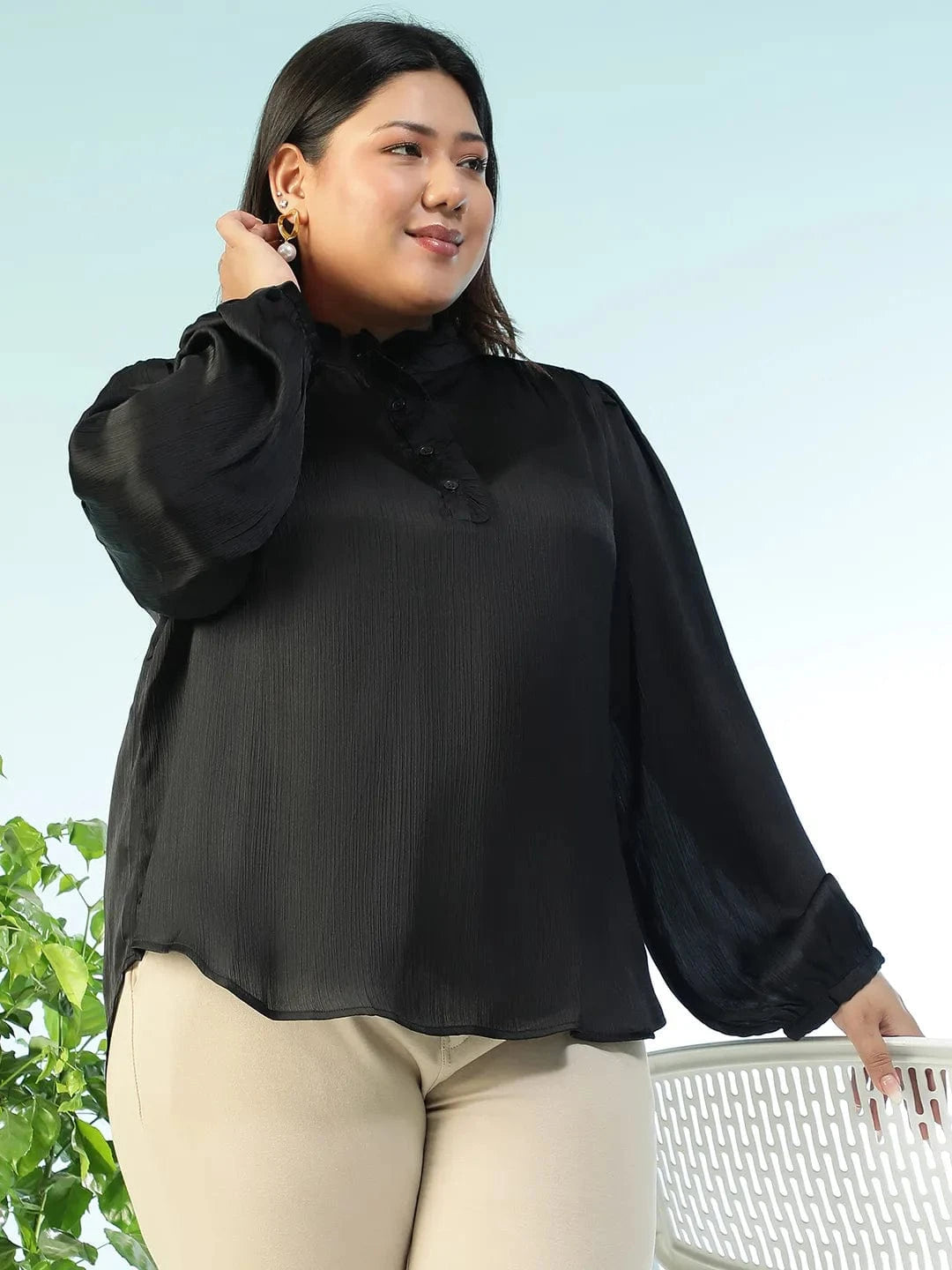 Women Plus Size Solid Back Round Neck With Button Detail Long Sleeve Satin Chiffon Top