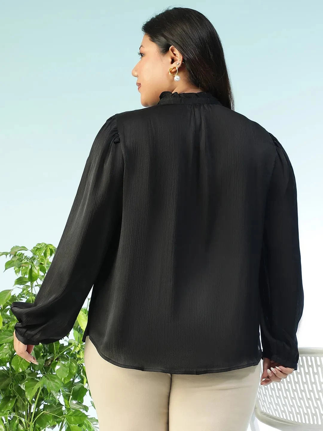 Women Plus Size Solid Back Round Neck With Button Detail Long Sleeve Satin Chiffon Top