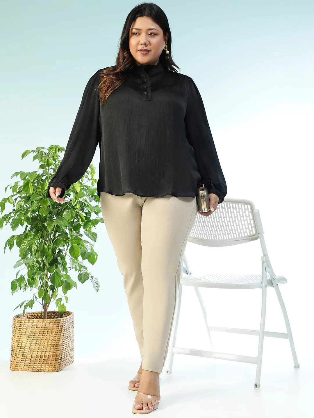 Women Plus Size Solid Back Round Neck With Button Detail Long Sleeve Satin Chiffon Top