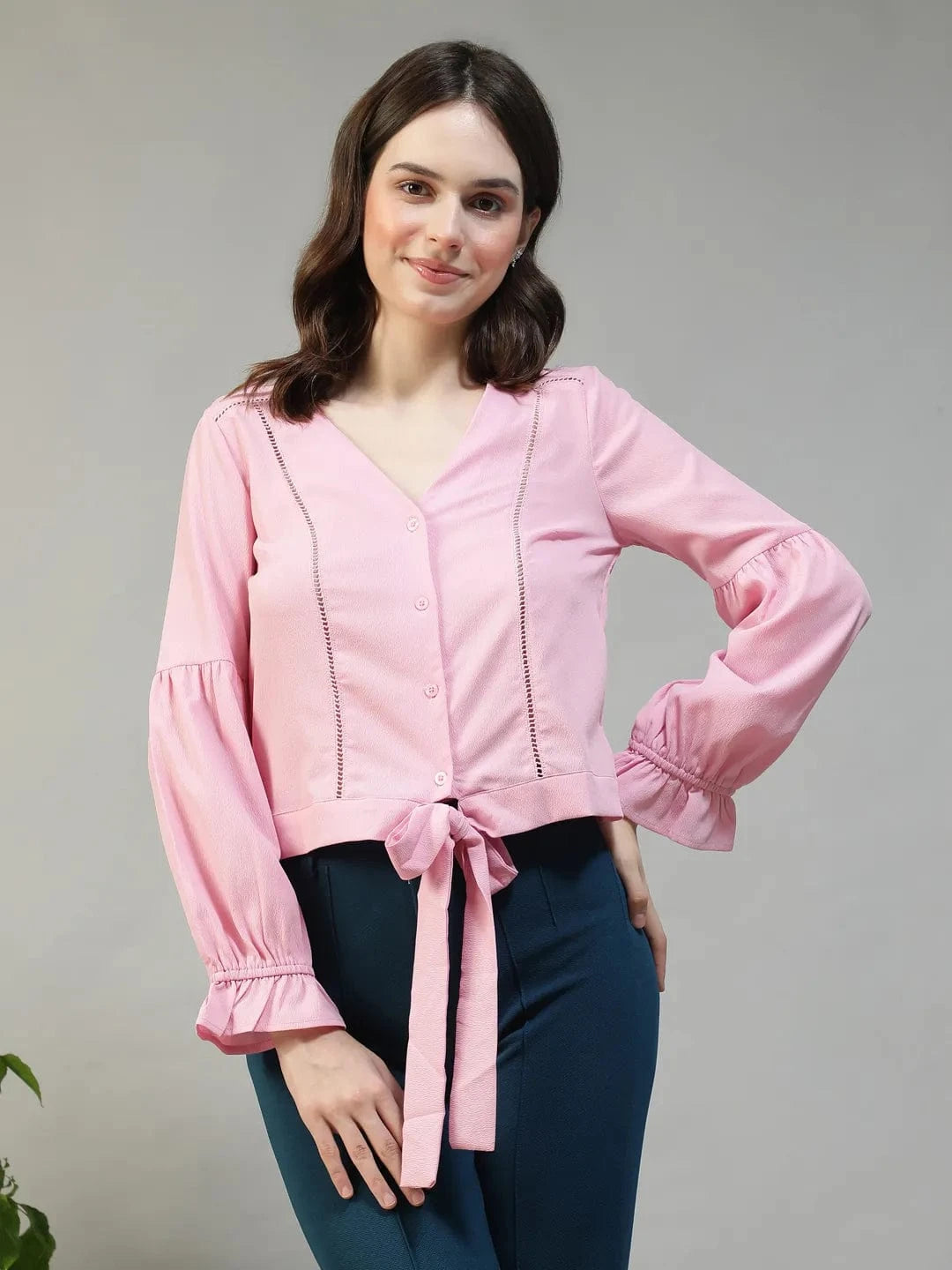 Bubble Light Pink Button-Down Women Top with Tie-Knot and Lace Detail