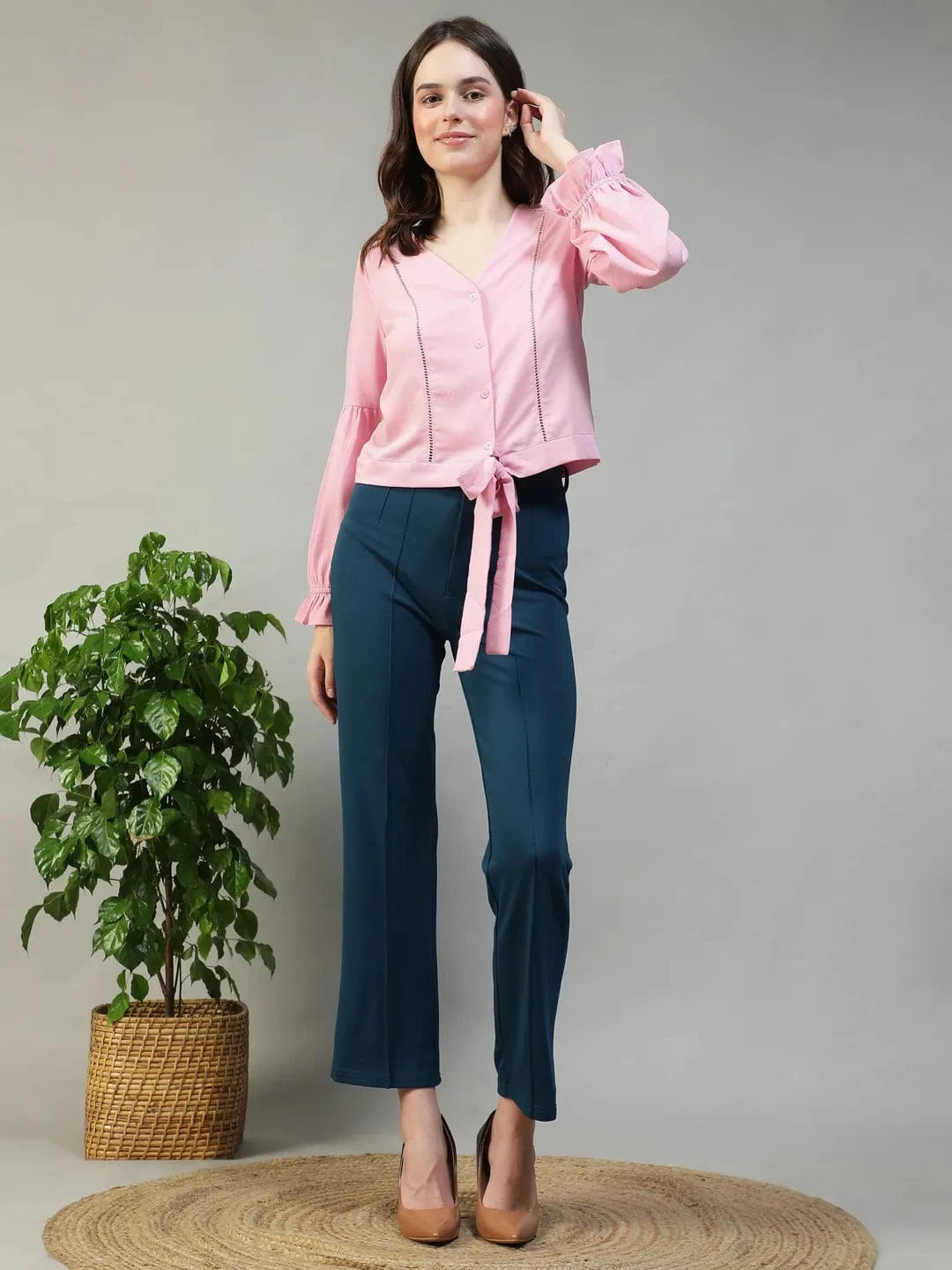 Bubble Light Pink Button-Down Women Top with Tie-Knot and Lace Detail