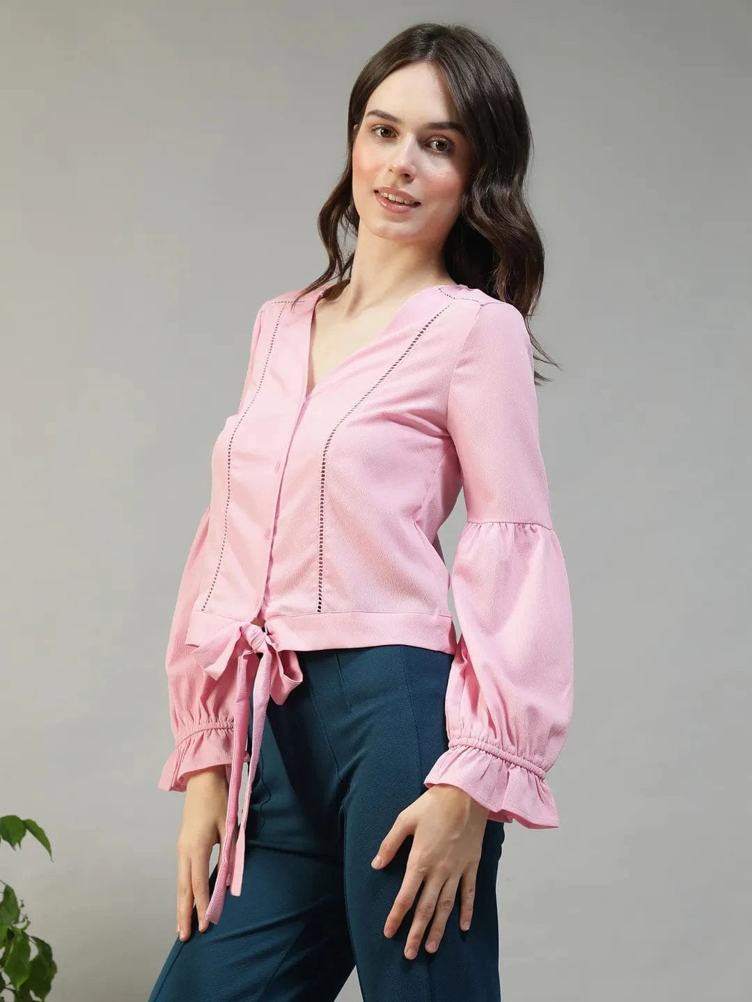 Bubble Light Pink Button-Down Women Top with Tie-Knot and Lace Detail