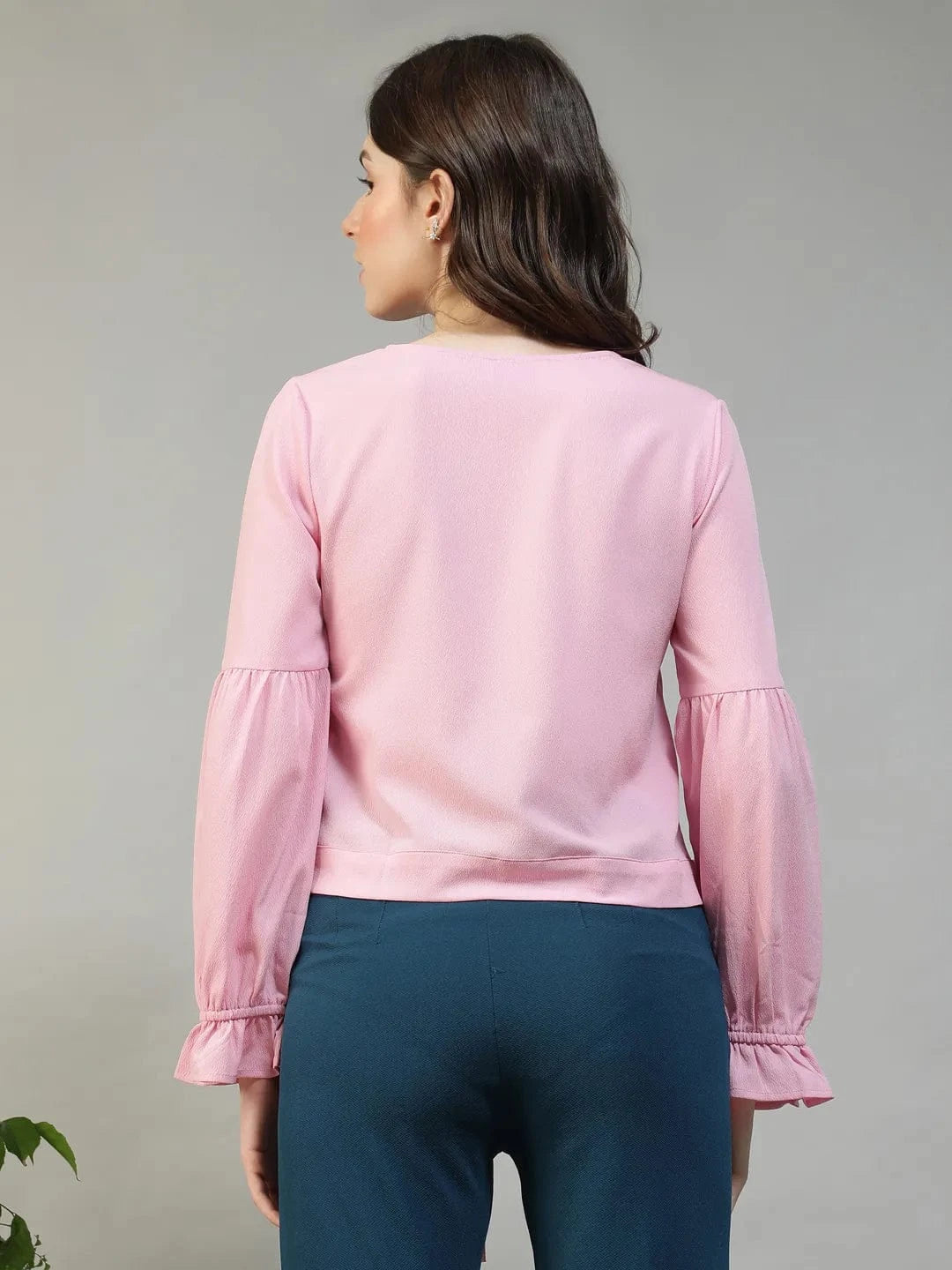 Bubble Light Pink Button-Down Women Top with Tie-Knot and Lace Detail