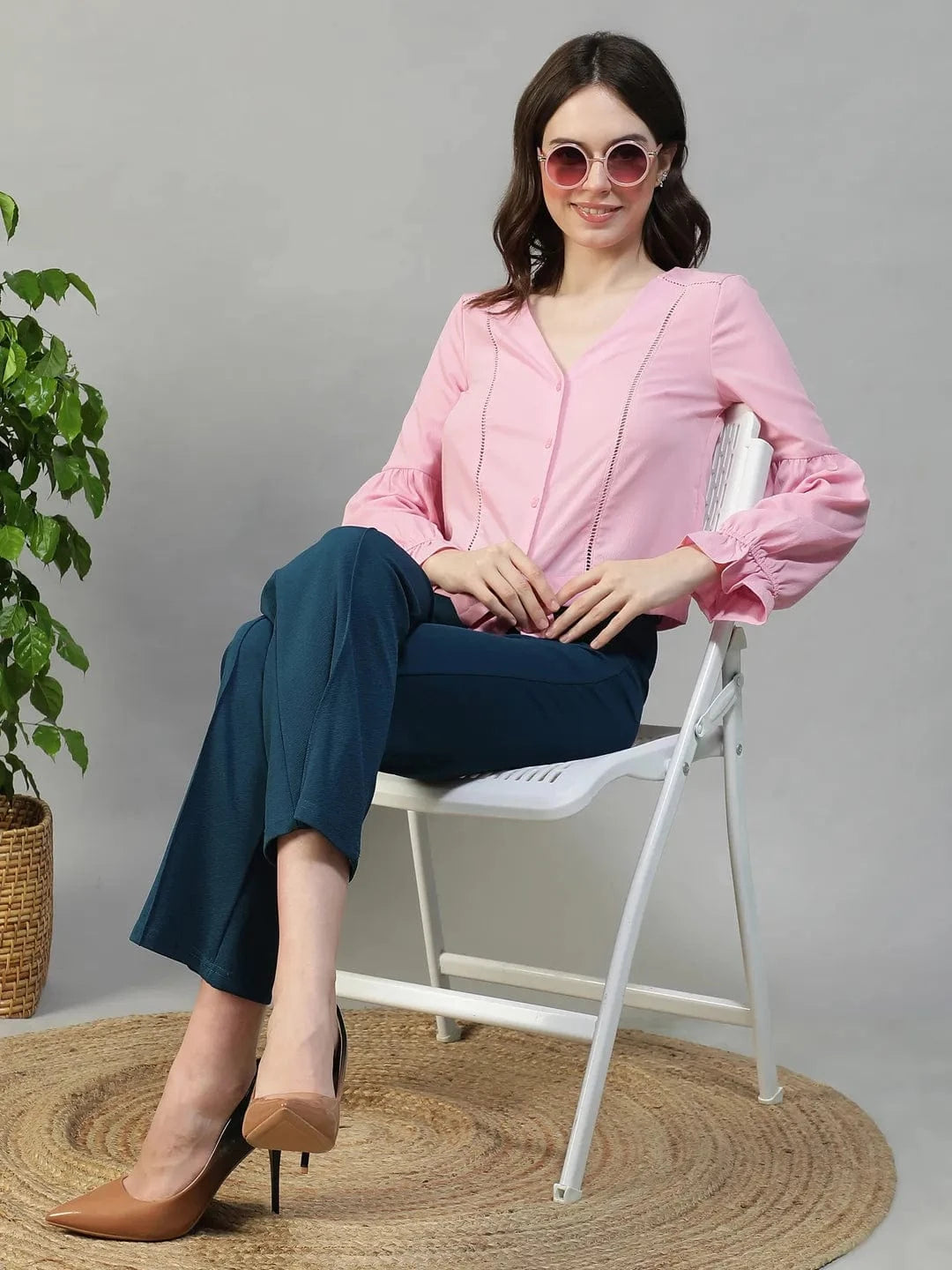 Bubble Light Pink Button-Down Women Top with Tie-Knot and Lace Detail