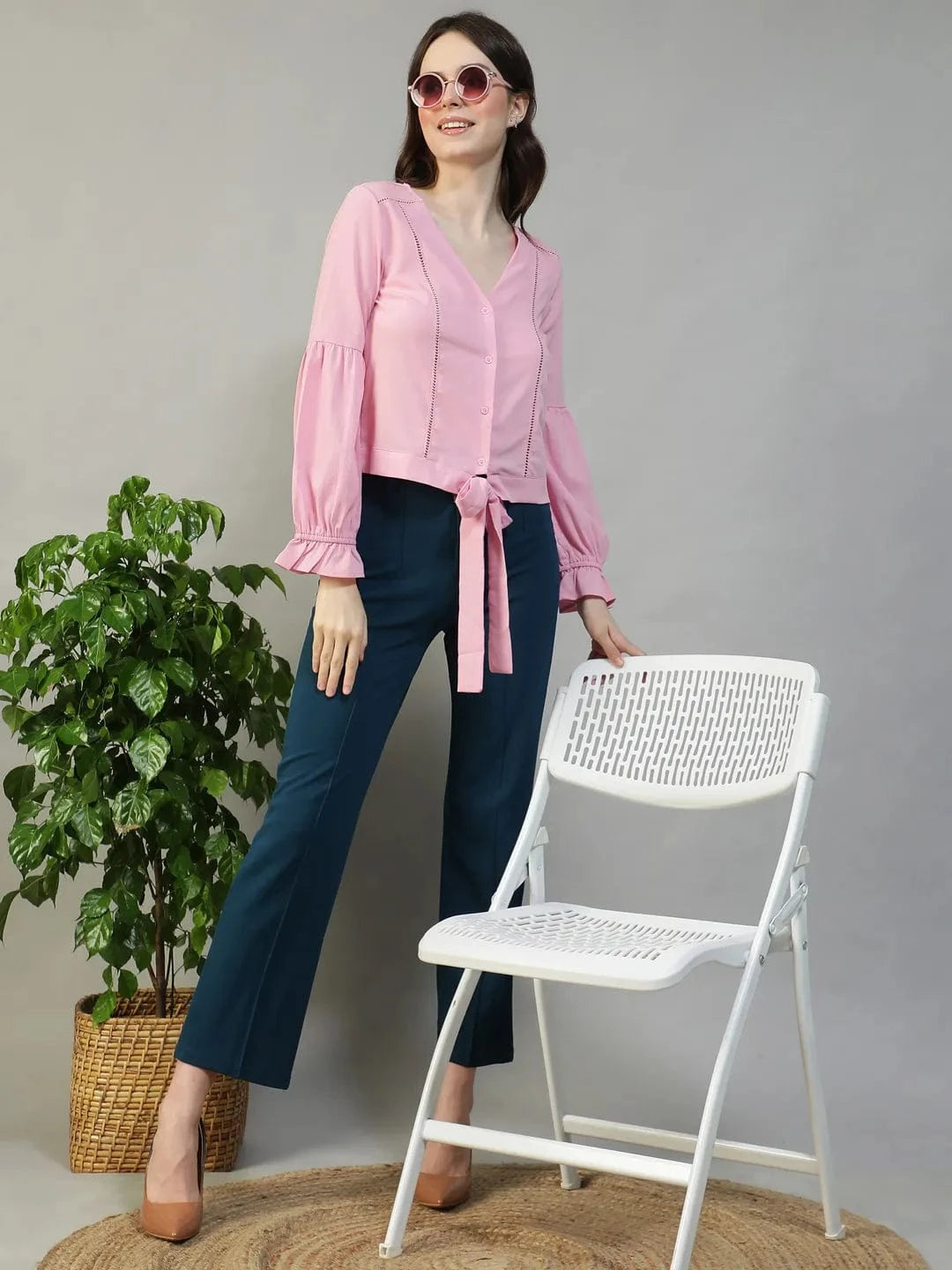 Bubble Light Pink Button-Down Women Top with Tie-Knot and Lace Detail