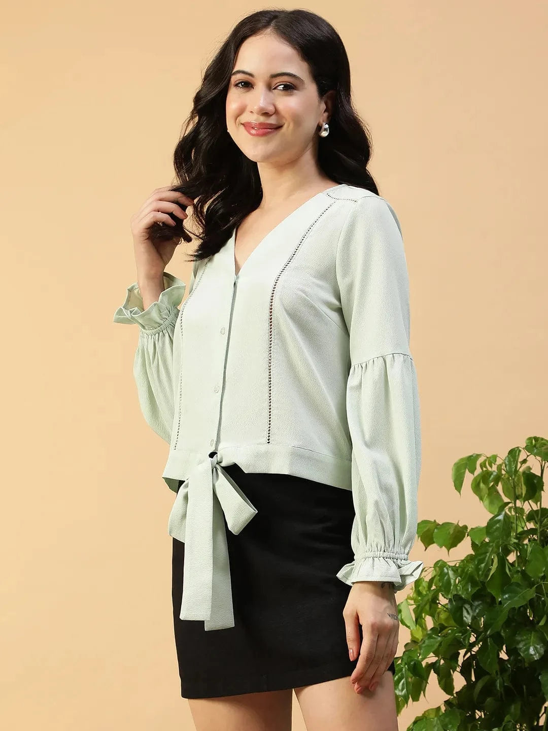 Slore Light Green Button-Down Women Top with Tie-Knot and Lace Detail