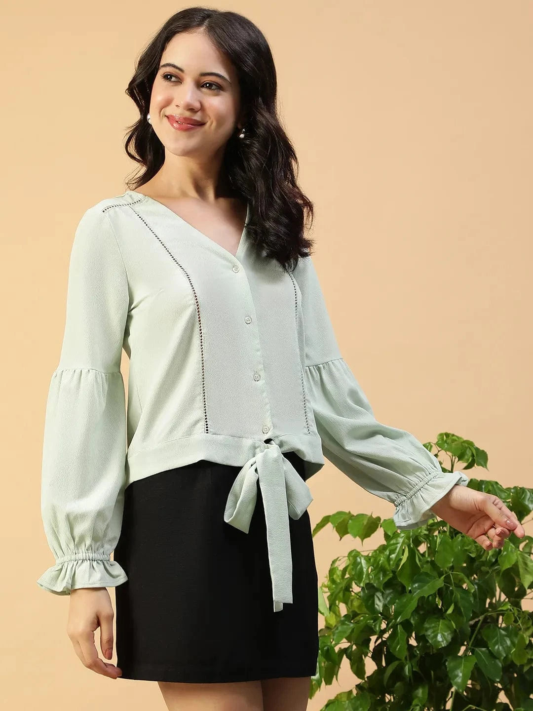 Slore Light Green Button-Down Women Top with Tie-Knot and Lace Detail