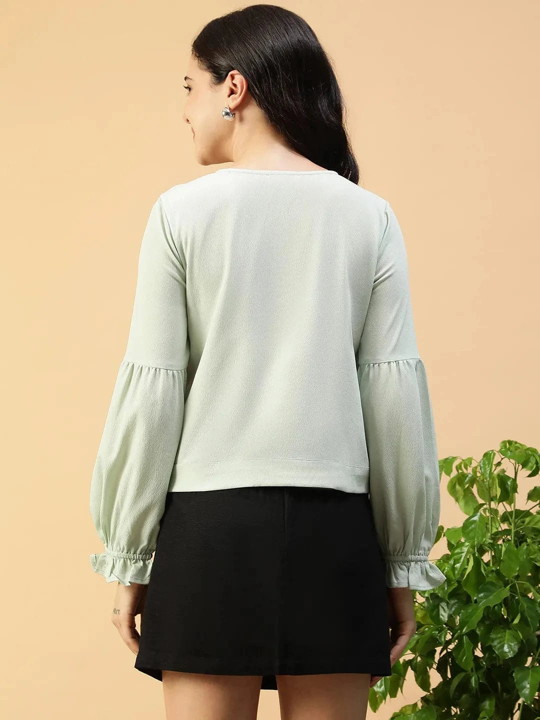 Slore Light Green Button-Down Women Top with Tie-Knot and Lace Detail