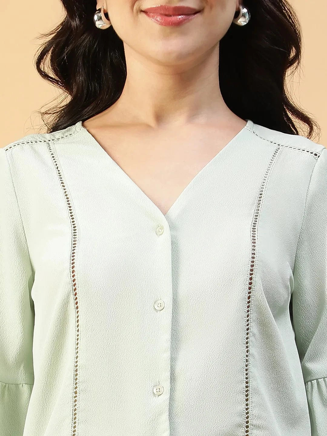 Slore Light Green Button-Down Women Top with Tie-Knot and Lace Detail