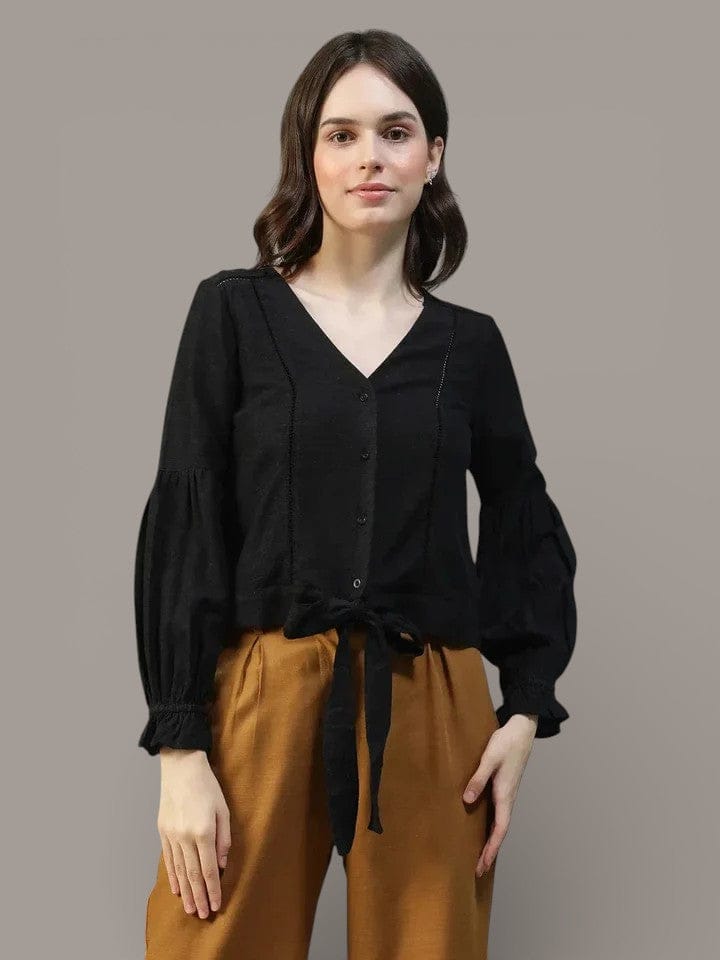 Black Lace Blouse - Cotton Linen Top With Tie-Up Detail & Poet Sleeves For Women