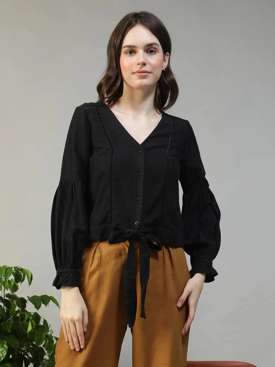Muse Black Long Sleeve Lace & Tie-Up Detail Button-Down Front Women Cotton Linen Top