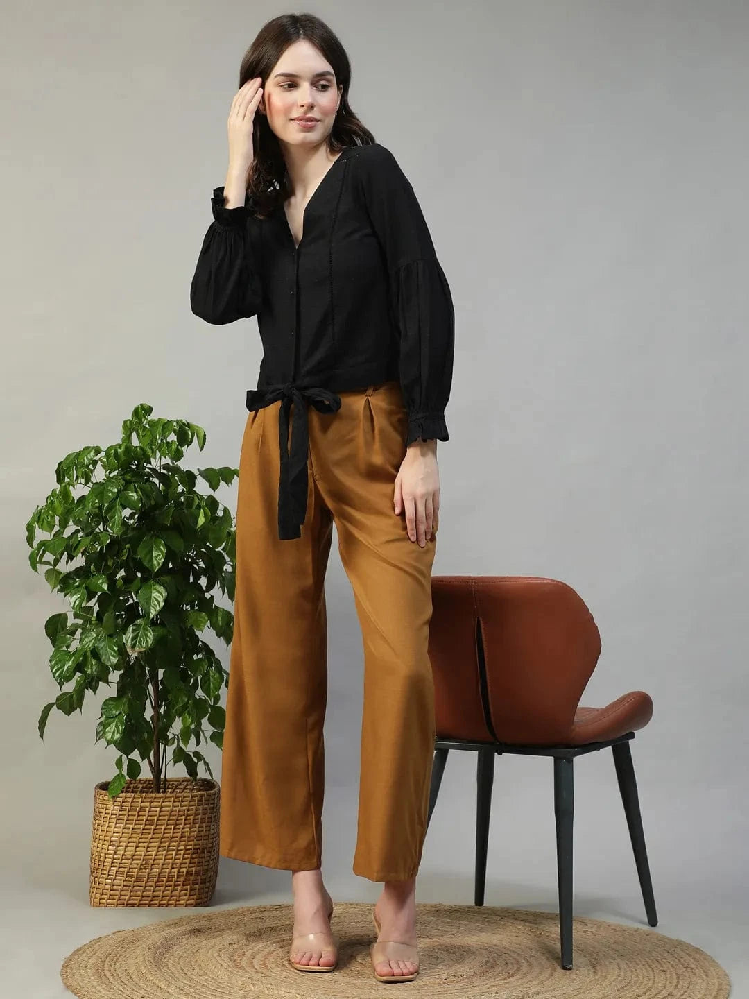 Muse Black Long Sleeve Lace & Tie-Up Detail Button-Down Front Women Cotton Linen Top