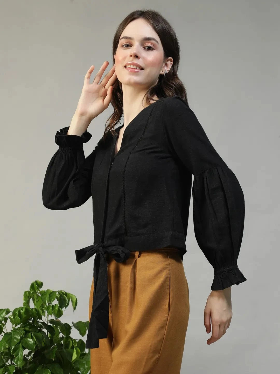 Muse Black Long Sleeve Lace & Tie-Up Detail Button-Down Front Women Cotton Linen Top