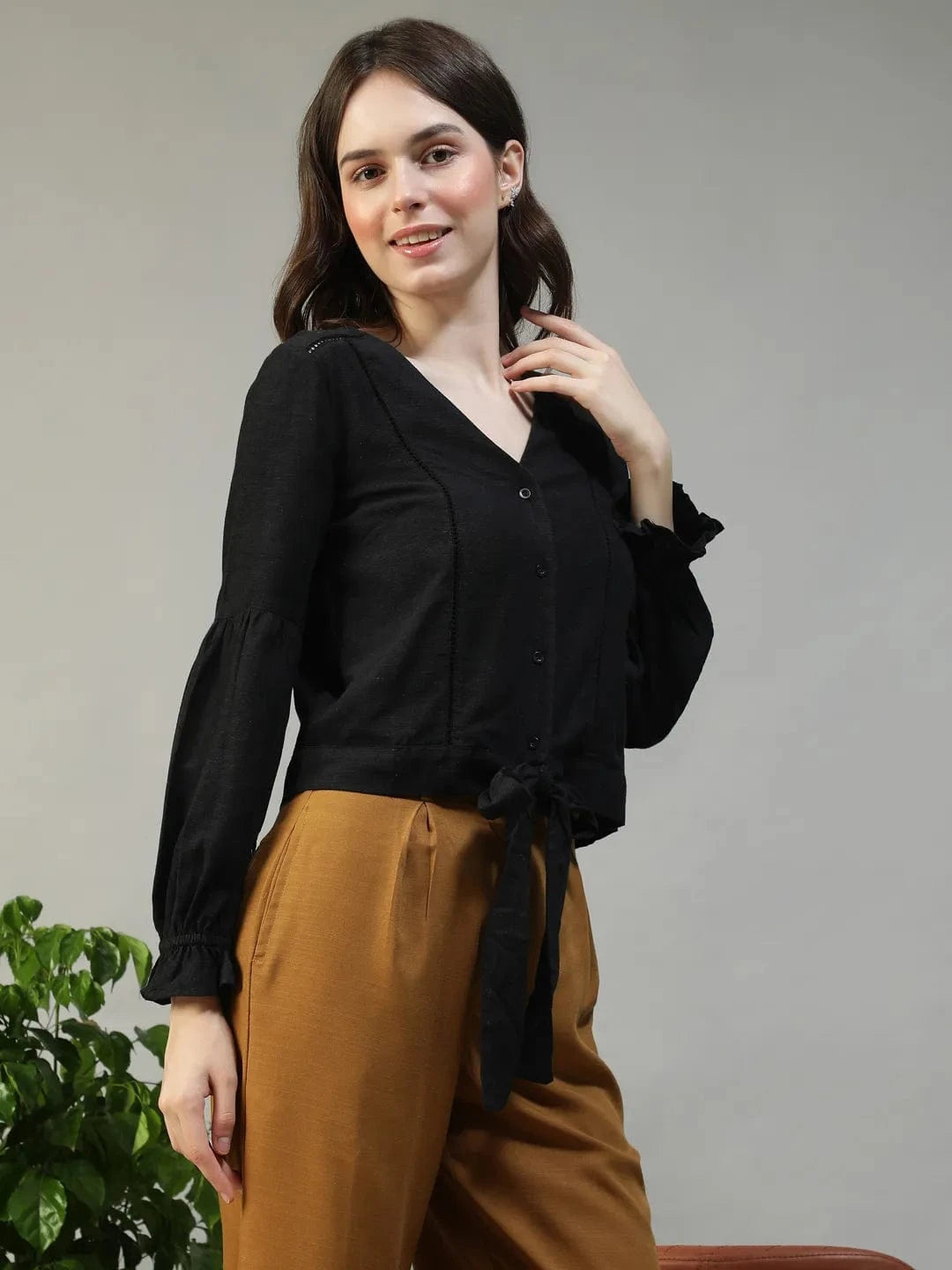 Muse Black Long Sleeve Lace & Tie-Up Detail Button-Down Front Women Cotton Linen Top