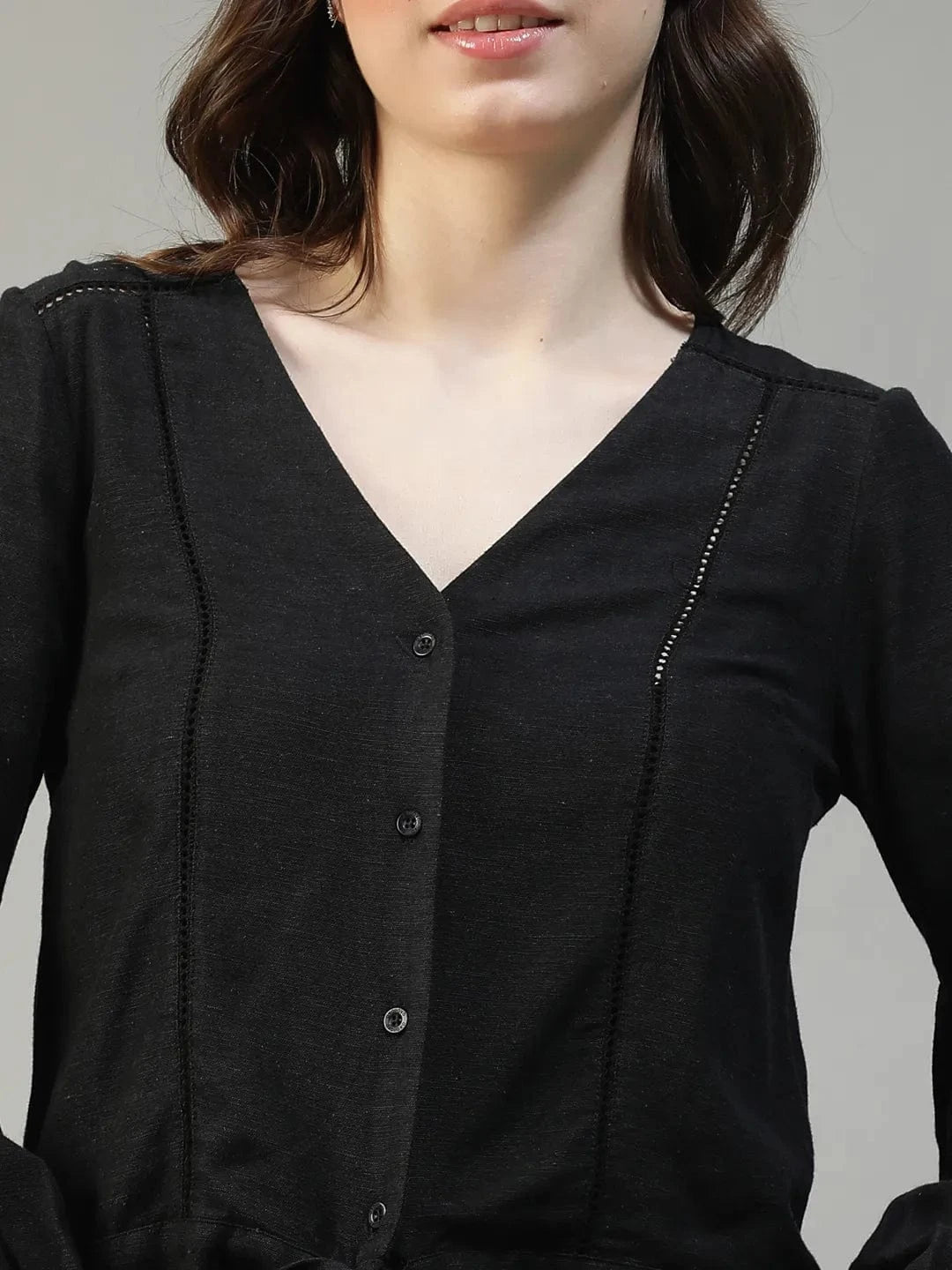 Muse Black Long Sleeve Lace & Tie-Up Detail Button-Down Front Women Cotton Linen Top