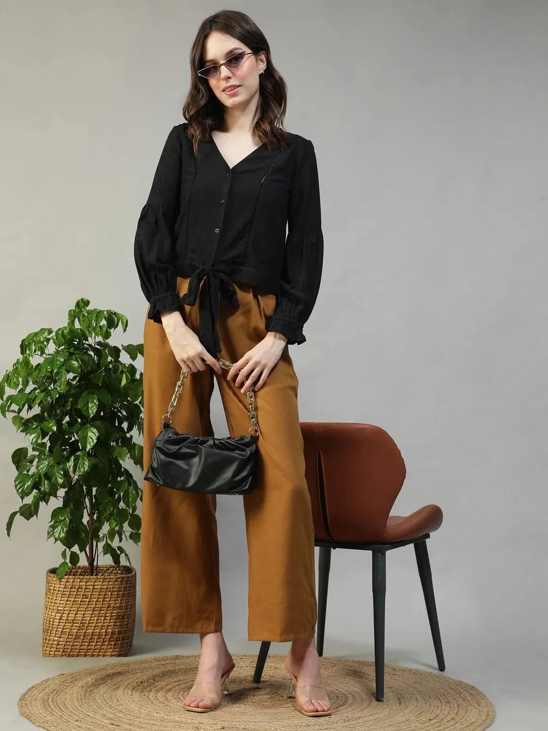 Muse Black Long Sleeve Lace & Tie-Up Detail Button-Down Front Women Cotton Linen Top