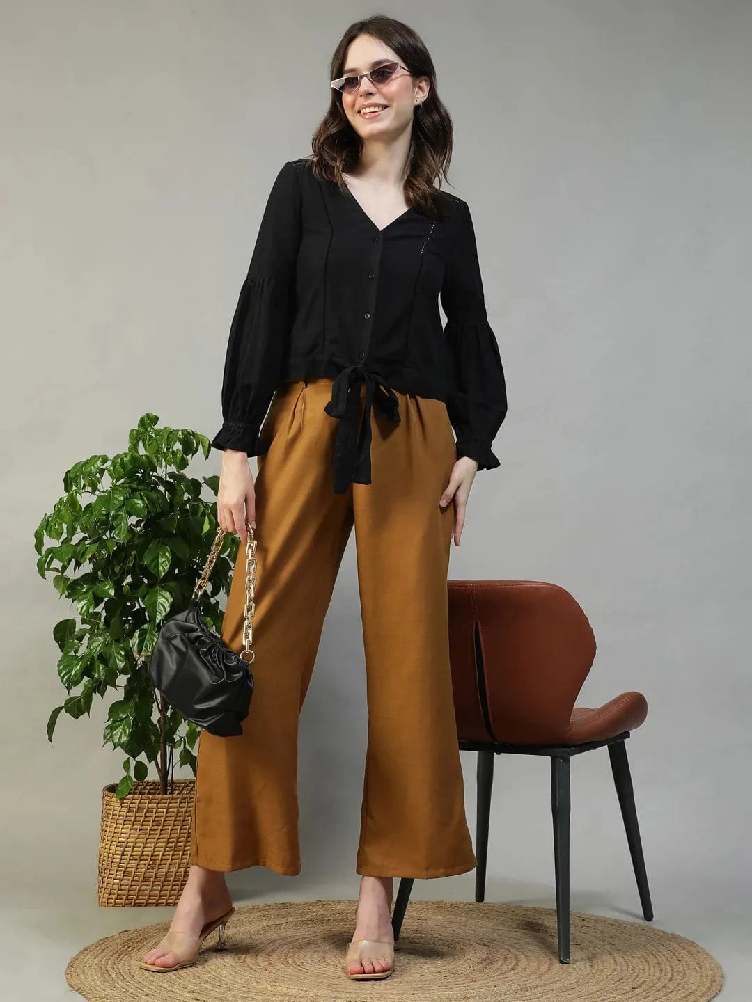 Muse Black Long Sleeve Lace & Tie-Up Detail Button-Down Front Women Cotton Linen Top