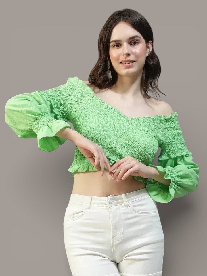 Green Off Shoulder Top - Smocked Crop Top With Long Poet Sleeves For Women