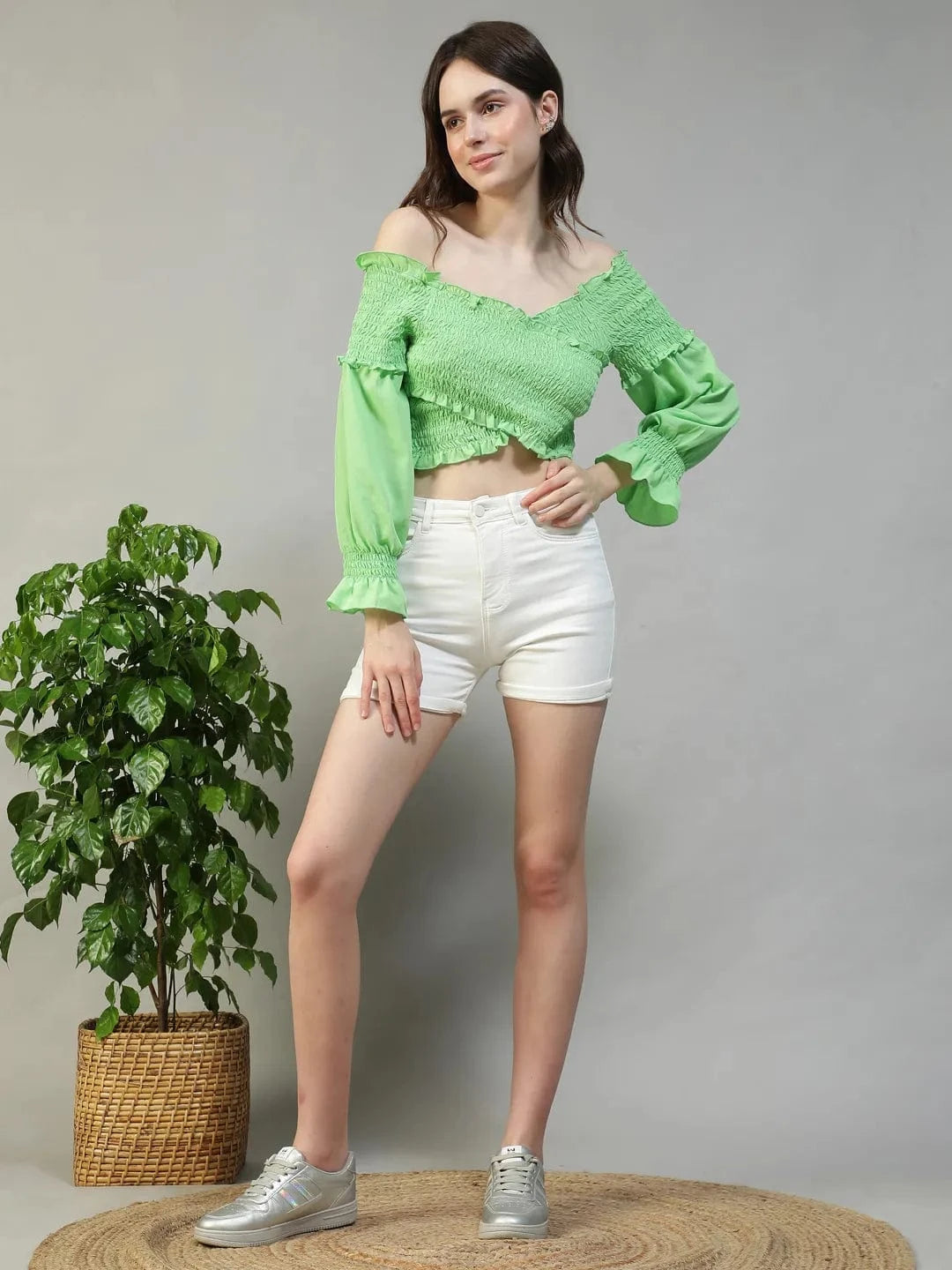 Envy Solid Green Off-Shoulder Long Sleeve Smocked Women Crop Top