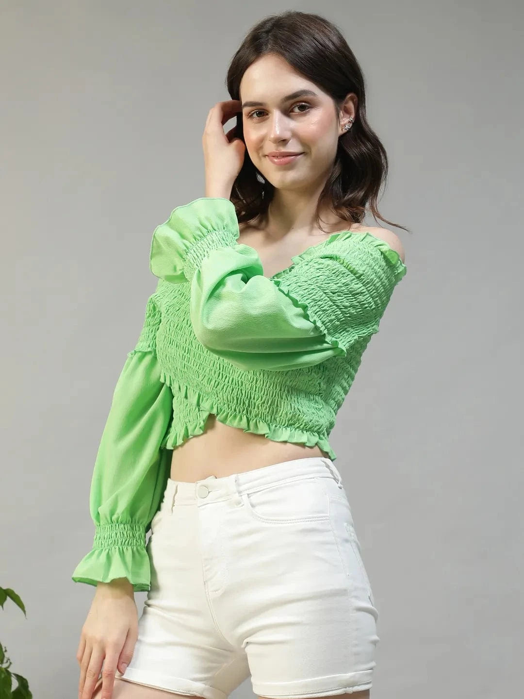Envy Solid Green Off-Shoulder Long Sleeve Smocked Women Crop Top