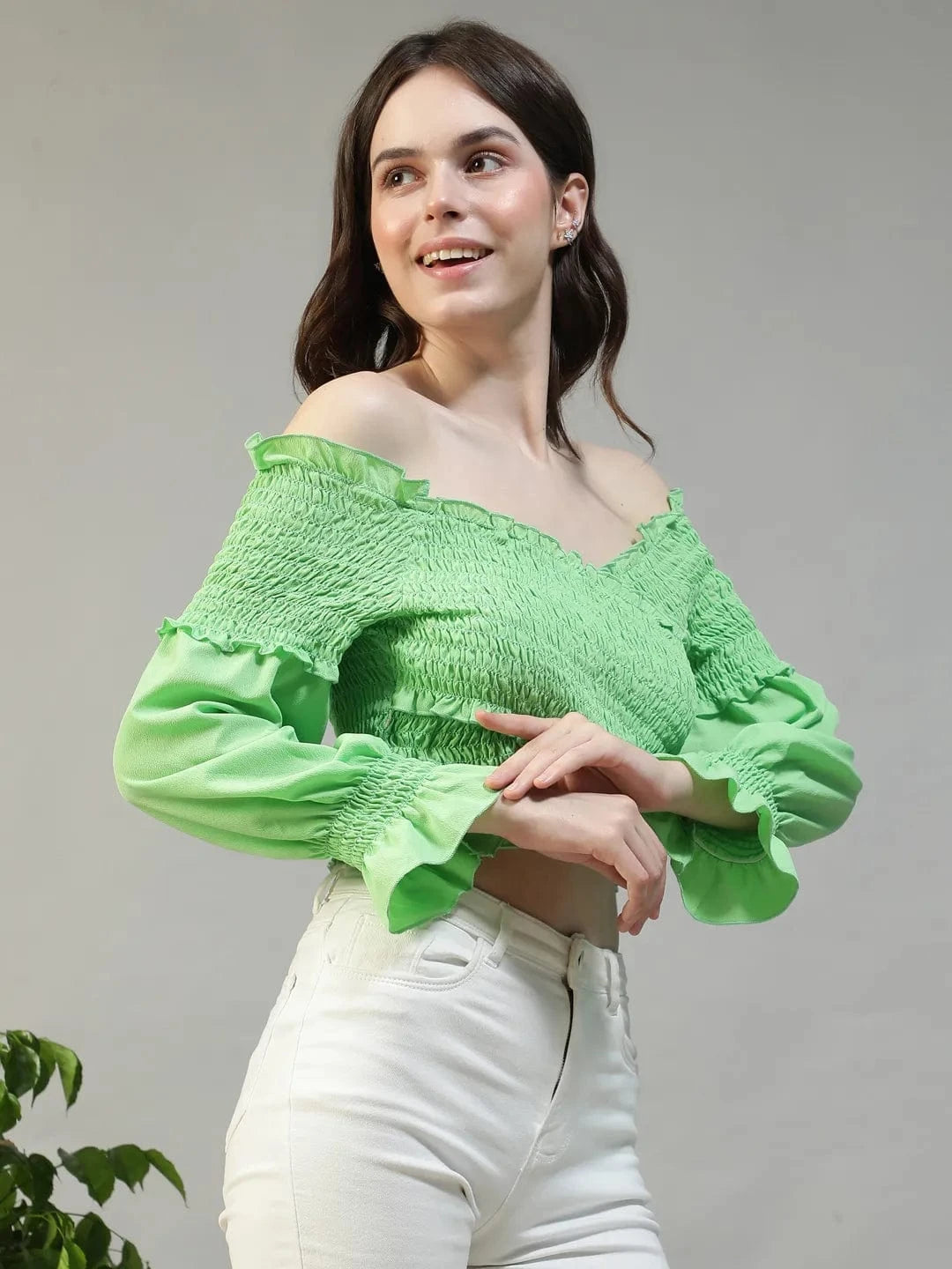 Envy Solid Green Off-Shoulder Long Sleeve Smocked Women Crop Top
