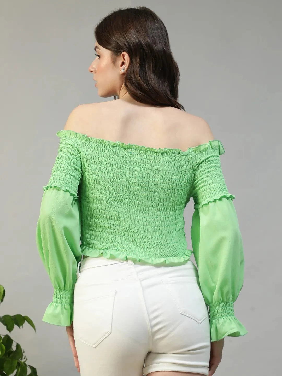 Envy Solid Green Off-Shoulder Long Sleeve Smocked Women Crop Top