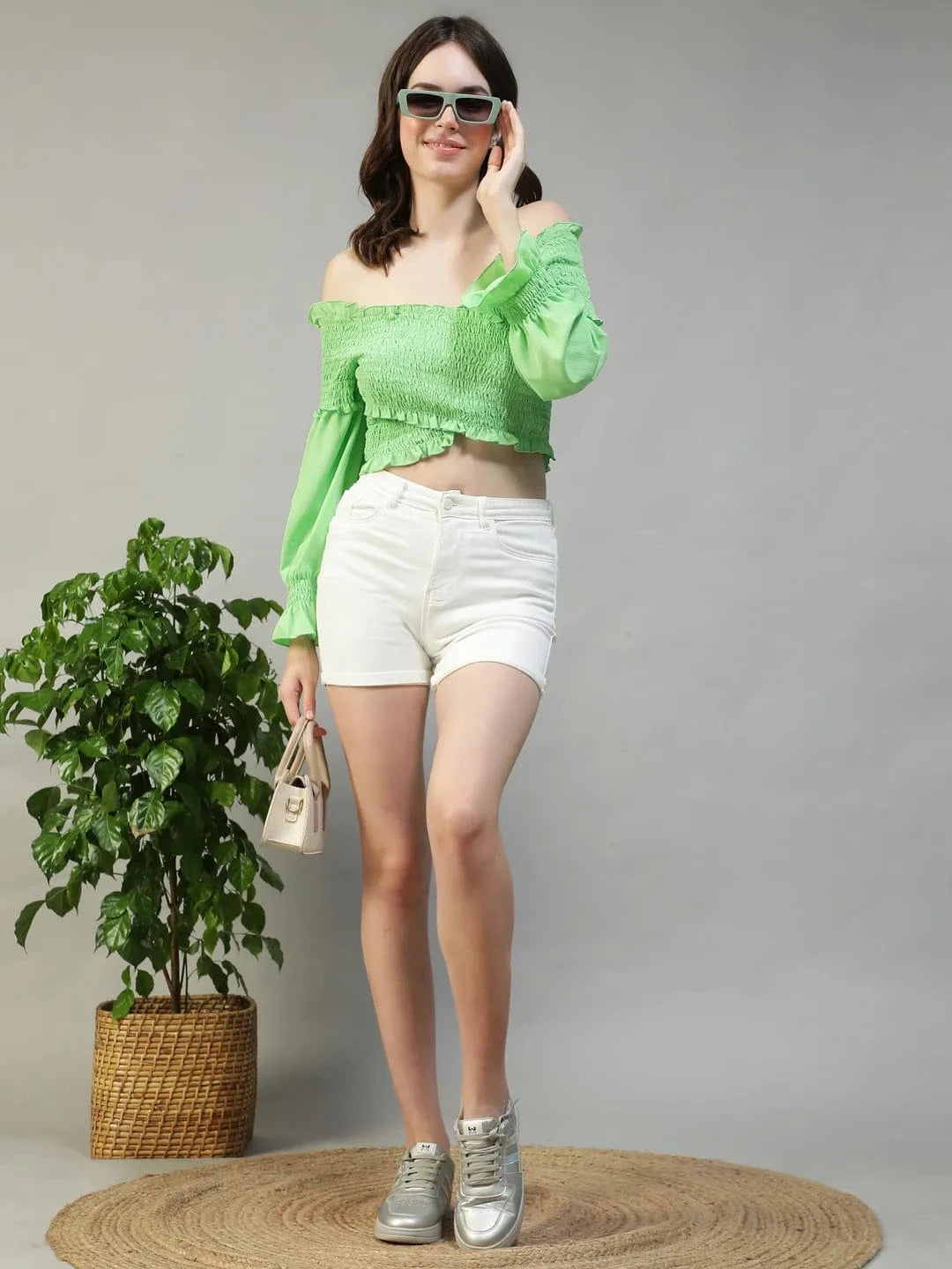 Envy Solid Green Off-Shoulder Long Sleeve Smocked Women Crop Top