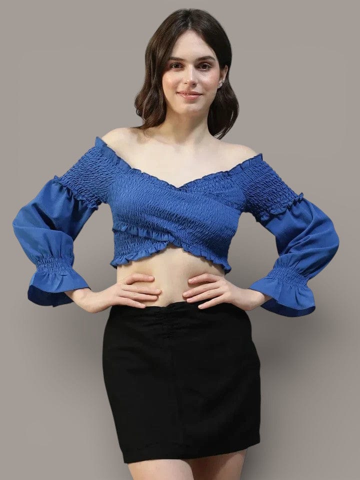 Blue Off Shoulder Top - Smocked Women Crop Top With Long Poet Sleeves