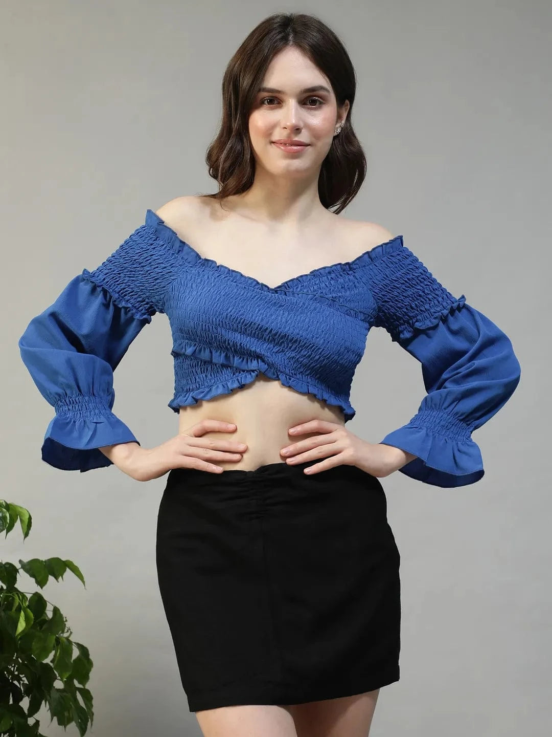 Haze Solid Blue Off-Shoulder Long Sleeve Smocked Women Crop Top