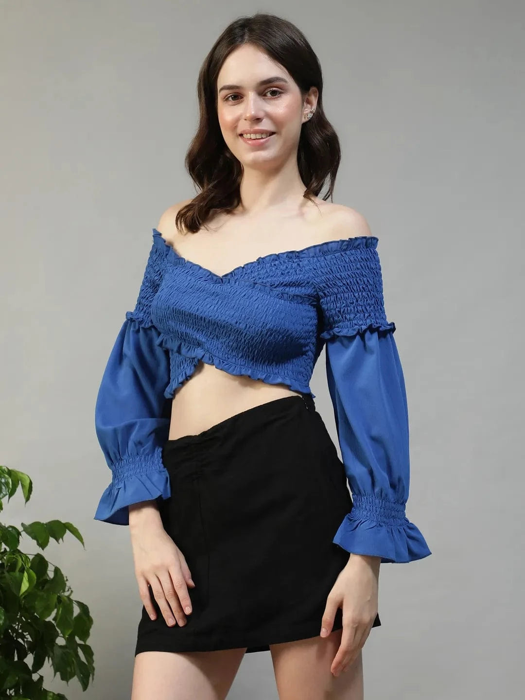 Haze Solid Blue Off-Shoulder Long Sleeve Smocked Women Crop Top