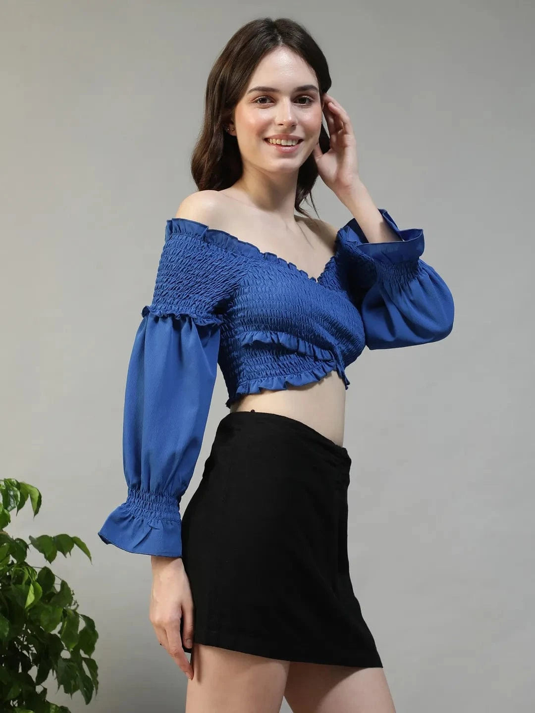 Haze Solid Blue Off-Shoulder Long Sleeve Smocked Women Crop Top