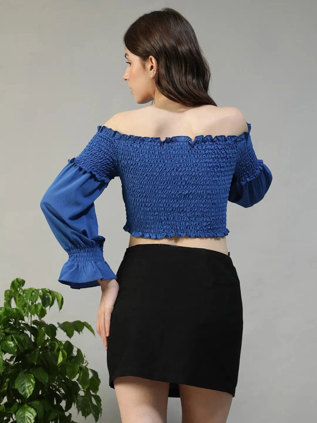 Haze Solid Blue Off-Shoulder Long Sleeve Smocked Women Crop Top