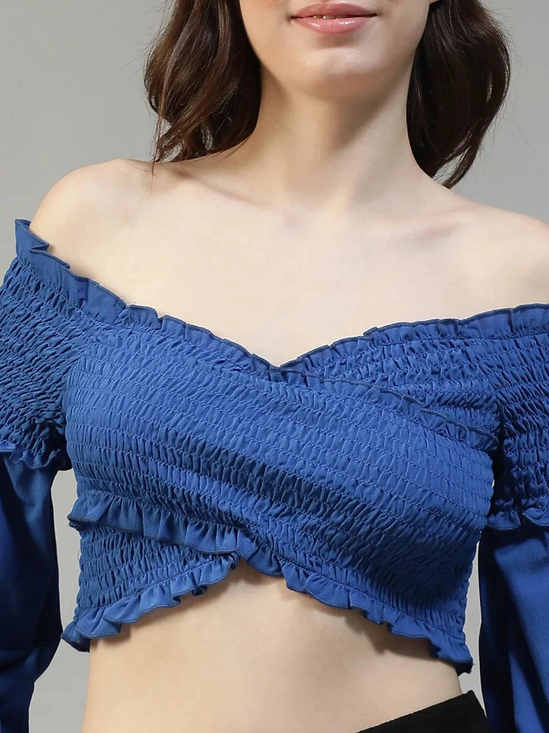 Haze Solid Blue Off-Shoulder Long Sleeve Smocked Women Crop Top