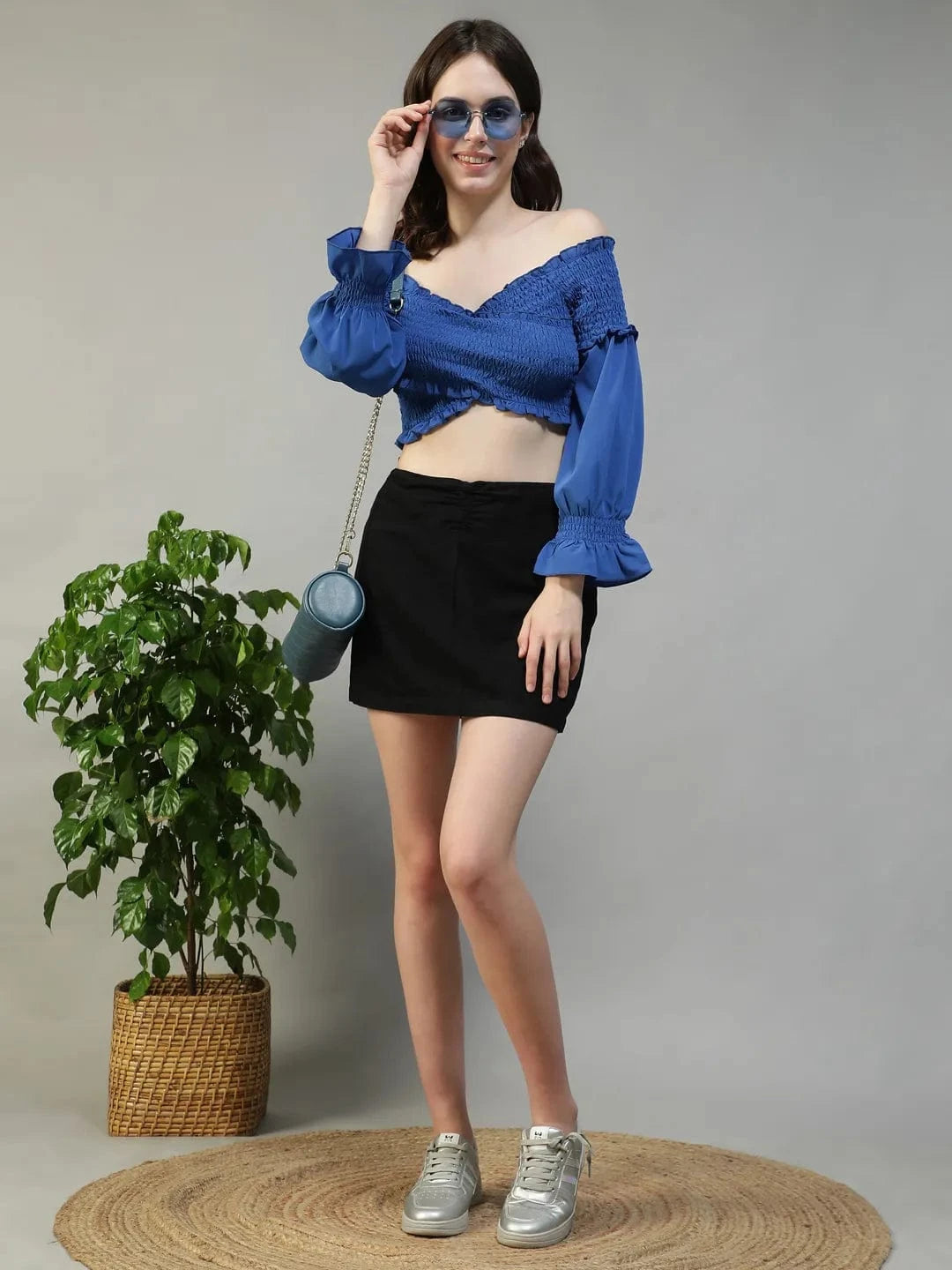 Haze Solid Blue Off-Shoulder Long Sleeve Smocked Women Crop Top