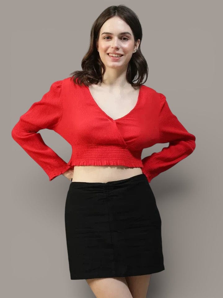 Red Crop Top - Women's Long Sleeve Cotton Crepe Blouse With V Neck