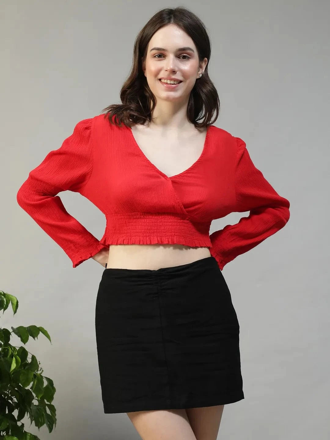 Dazzle Solid Red Long Sleeve Cotton Crepe Women Crop Top
