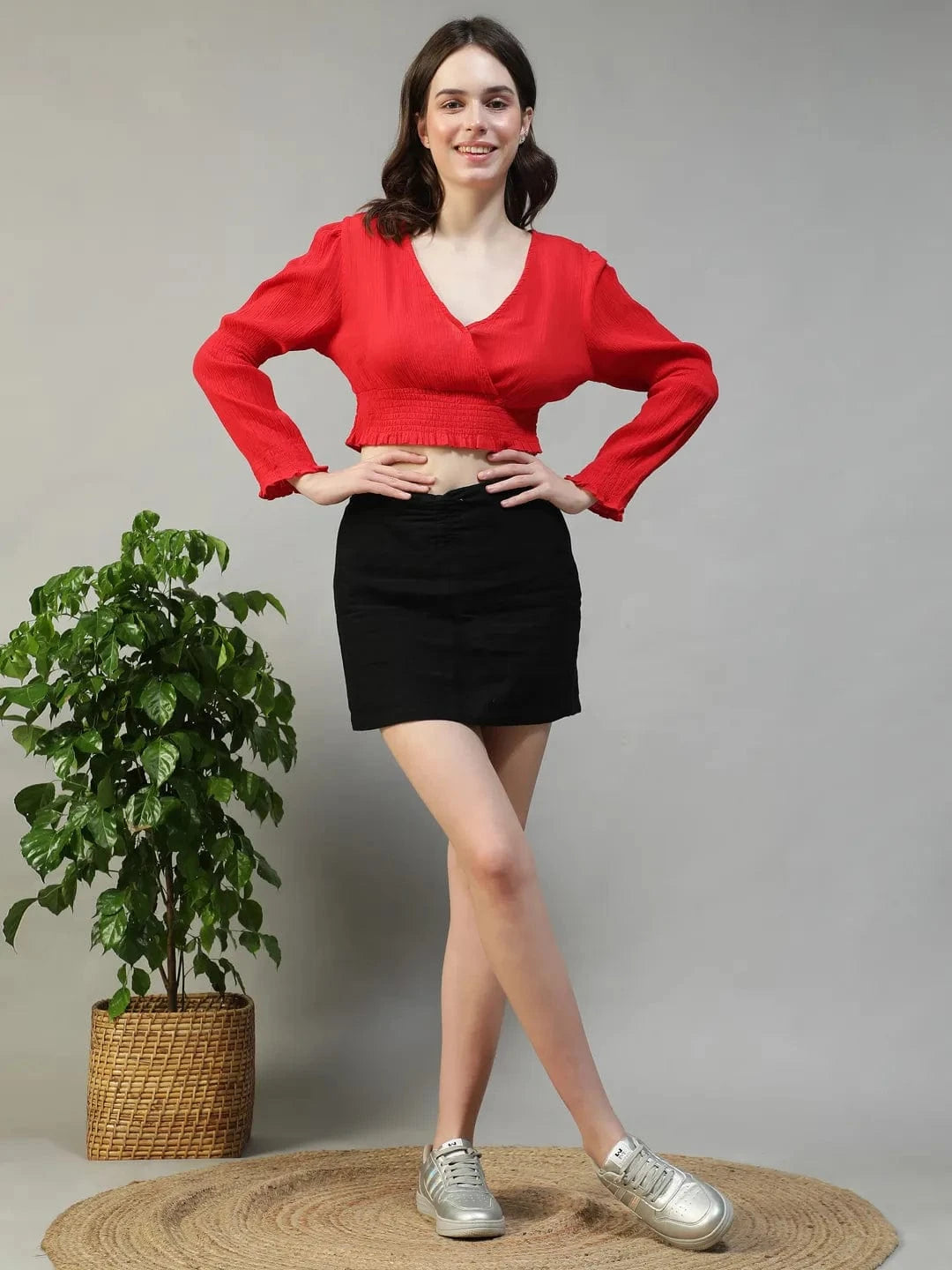 Dazzle Solid Red Long Sleeve Cotton Crepe Women Crop Top